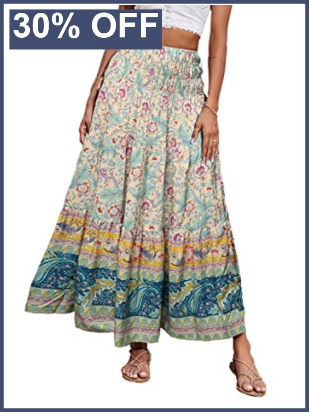 Boho Floral Maxi Skirt Women A-Line High Waist Ruched Pleated Ruffle Summer
